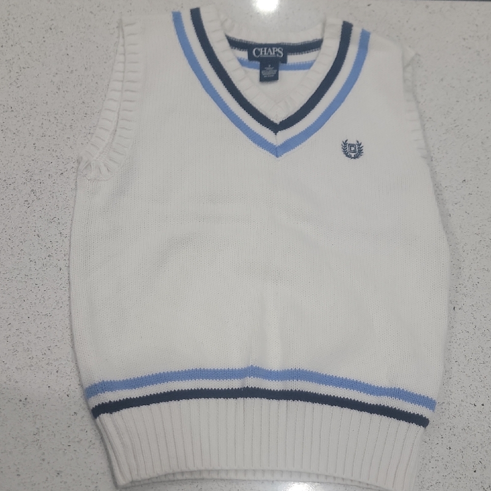 Chaps V-Neck Sweater Vest in White with Blue Stripes